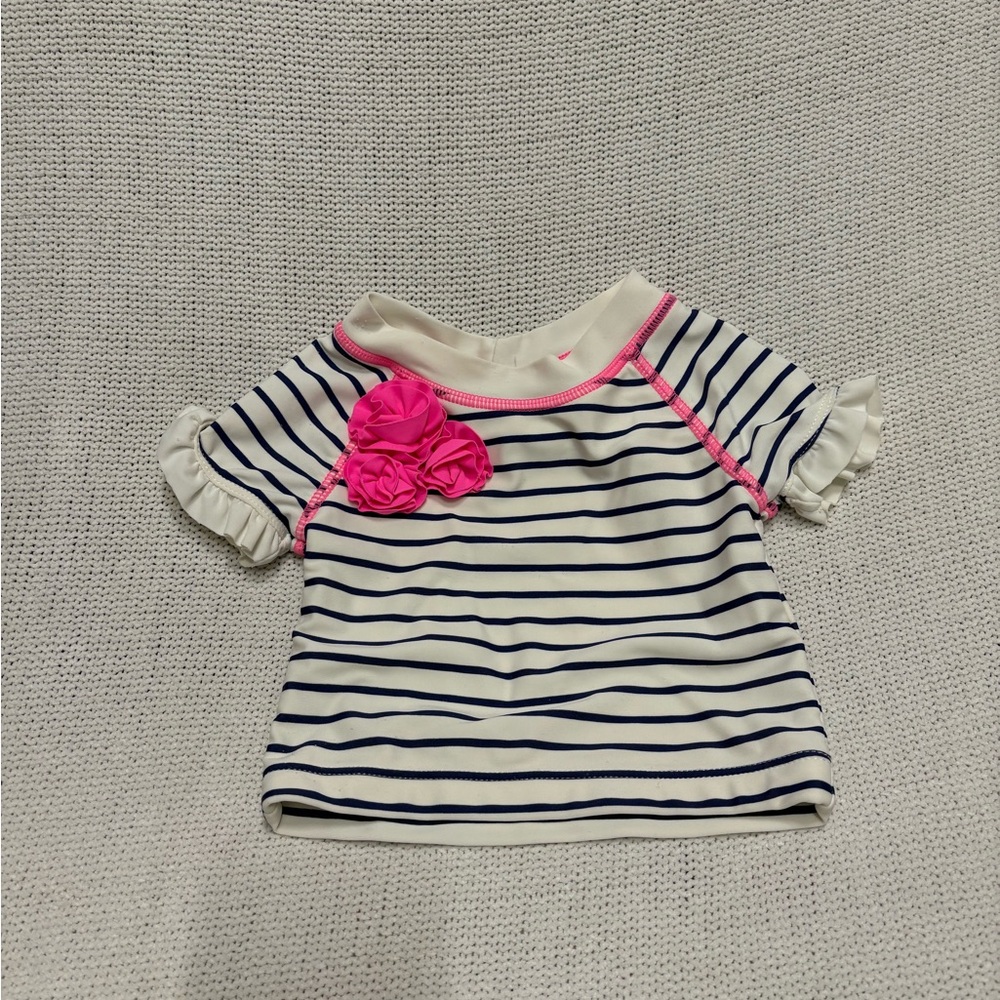 Janie and Jack Cream and Navy Striped Baby Top with Pink Trim